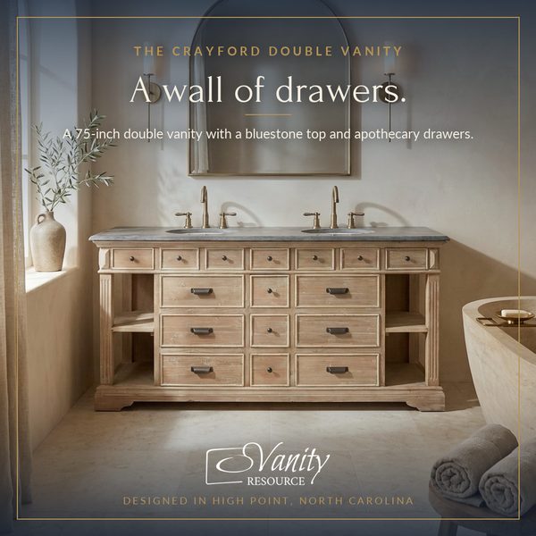 Meta ad creative: 75-inch double vanity with apothecary drawers, headline 'A wall of drawers.'
