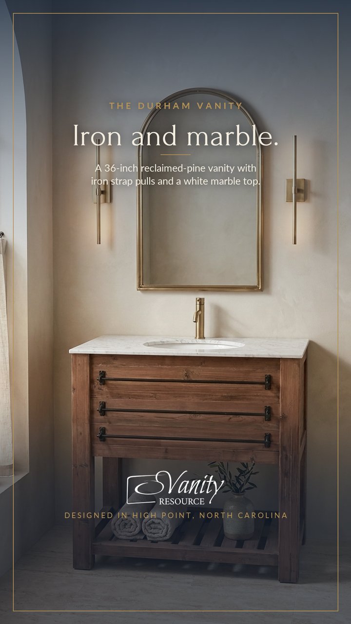 Meta ad: 36-inch reclaimed-pine vanity with iron strap pulls and a white marble top, headline 'Iron and marble.'