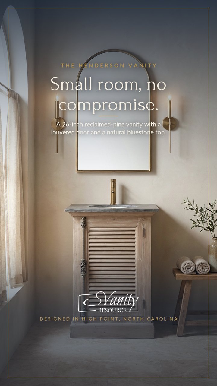 Meta ad: 26-inch reclaimed-pine vanity with a louvered door, headline 'Small room, no compromise.'