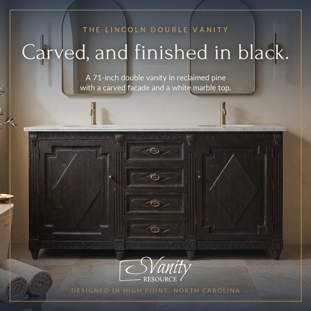 Meta ad creative: carved double vanity finished in black, headline 'Carved, and finished in black.'
