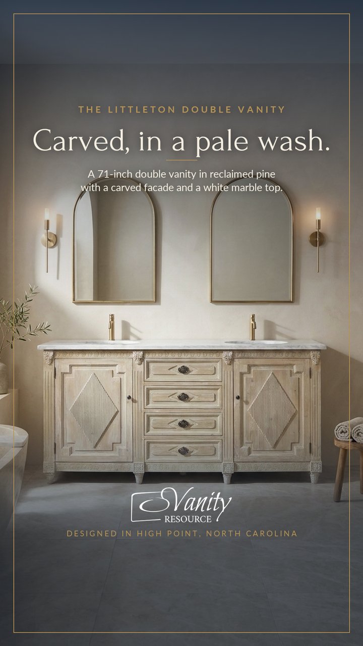 Meta ad: 71-inch double vanity with a carved facade in a pale wash, headline 'Carved, in a pale wash.'
