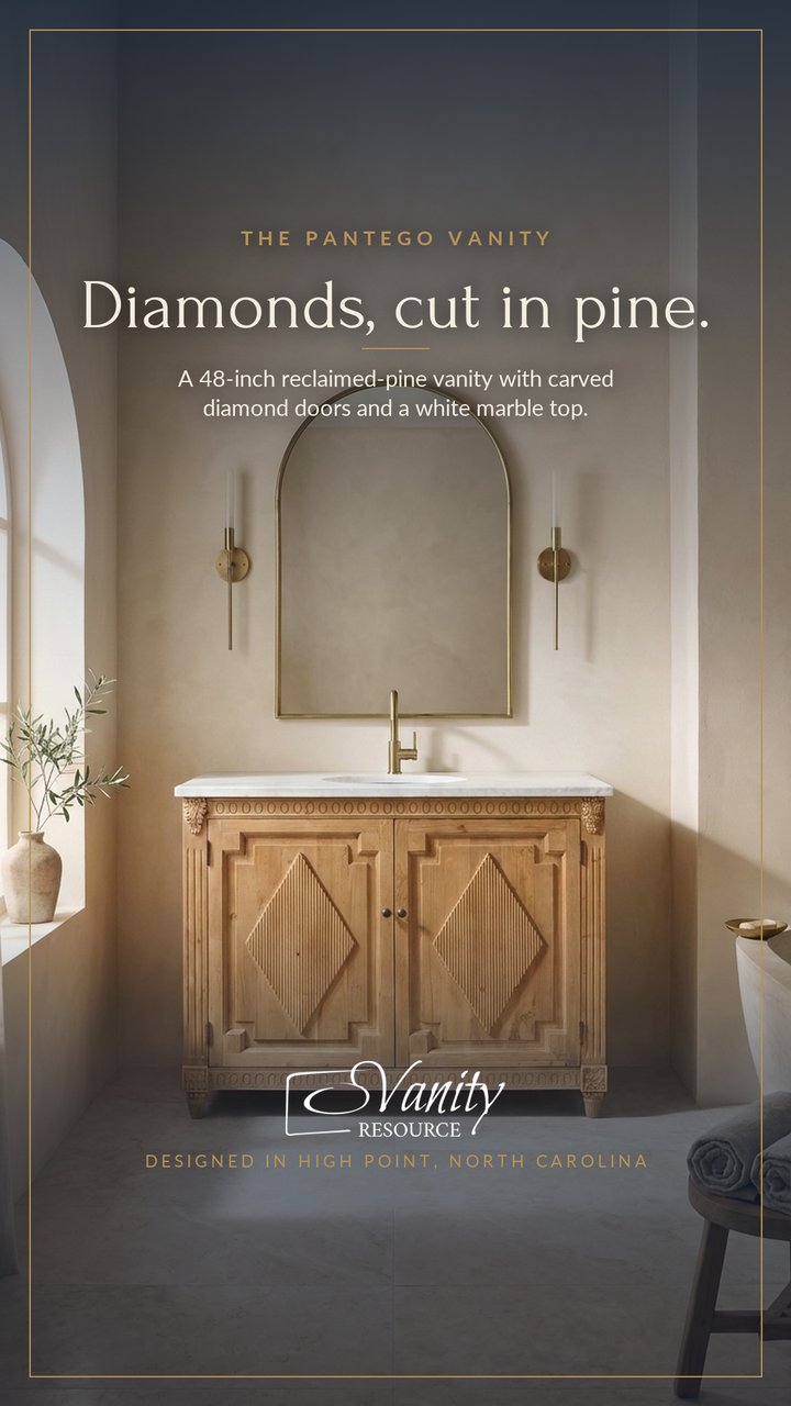 Meta ad: 48-inch reclaimed-pine vanity with carved diamond doors, headline 'Diamonds, cut in pine.'