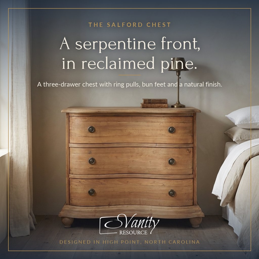 Meta ad creative: three-drawer reclaimed-pine chest in a bedroom scene, headline 'A serpentine front, in reclaimed pine.'