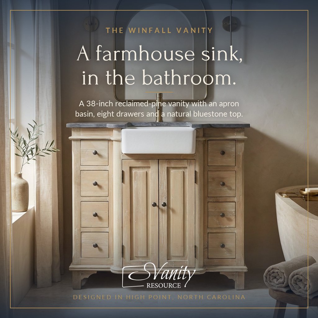 Meta ad creative: reclaimed-pine vanity with a farmhouse sink, headline 'A farmhouse sink, in the bathroom.'