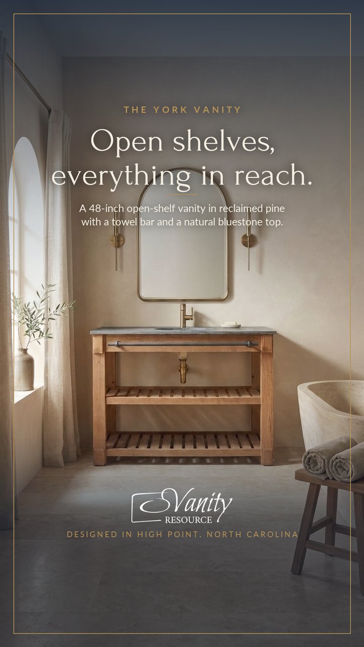 Meta ad: 48-inch open-shelf vanity in reclaimed pine with a towel bar, headline 'Open shelves, everything in reach.'